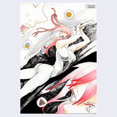 Ink and watercolor illustration of a woman with long red hair and a tight white bodysuit. She has both arms holding a large sword over her shoulder, as if she's mid swing. Various emojis are shouted by 2 people nearby.
