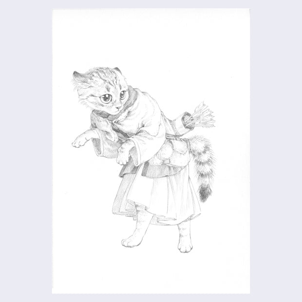 Pencil illustration of a striped cat standing up on 2 legs like a human and looking timid. It wears a large robe and has a pack of arrows on its back.