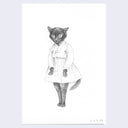 Pencil illustration of a black cat, standing on 2 legs like a human and wearing a dress.
