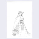 Pencil illustration of a cat, standing up on 2 legs like a human and facing away from the viewer. It wears an elaborate robe.