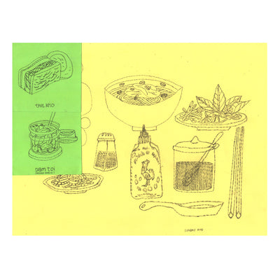 Various doodles on a yellow piece of paper with 2 green post it notes. Doodles include various Asian foods and condiments.