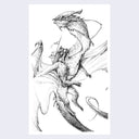 Ink drawing on white paper of a dragon, with a warrior sitting on its back with a long pole in his hand. The pole holds a tattered cloth.