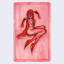 Red color pencil illustration of a nude woman with long red hair. She floats but has her legs bent as though she is sitting, with pointy boots and sharp nails.
