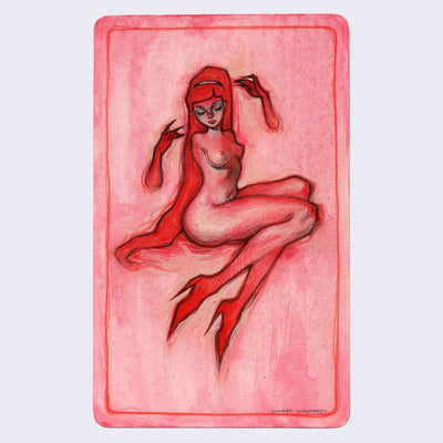 Red color pencil illustration of a nude woman with long red hair. She floats but has her legs bent as though she is sitting, with pointy boots and sharp nails.