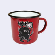 Bright red enamel mug with a graphic of a black robot with a white outline, toting a rippled flag that reads "Giant Robot." Rim of the mug is lined black with a white interior.