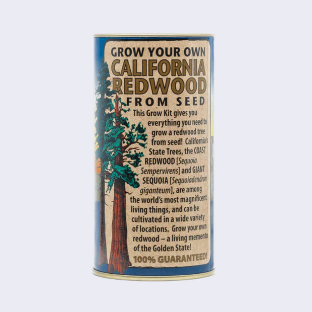 Cylinder can with wrapping that reads "Grow you own California Redwood from seed" with detailed breakdown. Includes a vintage stylized illustration of a redwood tree.