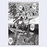 Page excerpt, featuring a 3 panel greyscale comic of an angry mob shouting at a scared looking woman tied to a cross.