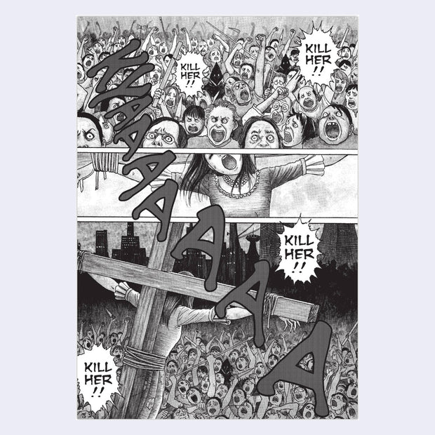 Page excerpt, featuring a 3 panel greyscale comic of an angry mob shouting at a scared looking woman tied to a cross.