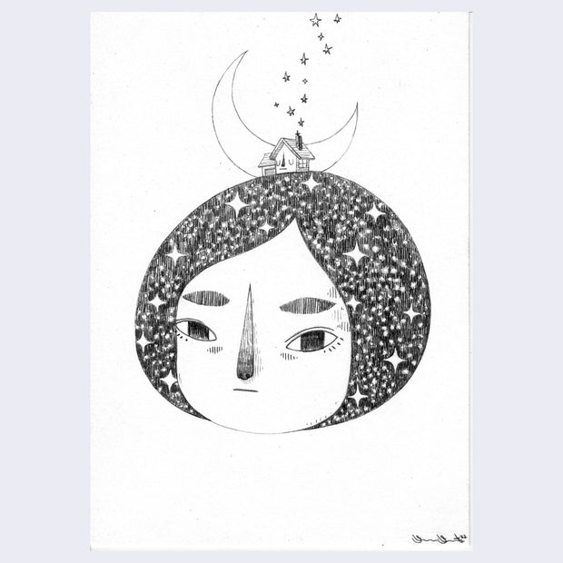 Graphite on white paper, a circular shaped head with a galaxy patterned bob haircut, looking at the viewer pensively. Atop their head is a small house with stars coming out of the chimney, with a large crescent moon behind the house.