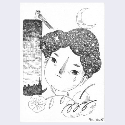 Graphite on white paper, a collage style illustration of a large head with galaxy patterned hair and a crescent moon on their head. To the left, a hatch style gradient sky over a silhouette city in a rectangle. Below the head is a flower, squiggles and a cloud.