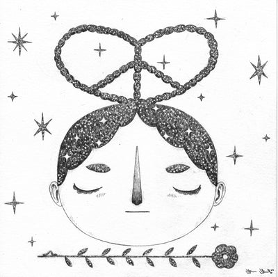 Graphite on white paper, featuring a floating head with their eyes closed and galaxy patterned hair with a heart shaped peace sign atop their head. Below is a long stemmed single flower, background is white with sparse star and sparkles.