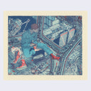 Risograph print on cream paper, primarily blue with subtle red and purple accents. A slightly overhead perspective of a very detailed spaceship interior, lots of wires and controls. A person with one mechanical foot sits on the floor, eating a cup of instant noodles and looking out the windows of the ship.