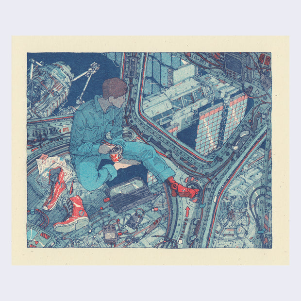Risograph print on cream paper, primarily blue with subtle red and purple accents. A slightly overhead perspective of a very detailed spaceship interior, lots of wires and controls. A person with one mechanical foot sits on the floor, eating a cup of instant noodles and looking out the windows of the ship.