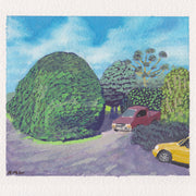 Plein air painting of a driveway with a very large, rounded bush. A truck is parked near other large bushes.