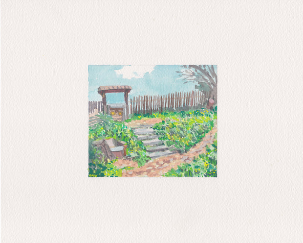 Plein air painting of a garden with a dirt path, stone steps and a wooden overhang attached to wooden fencing.