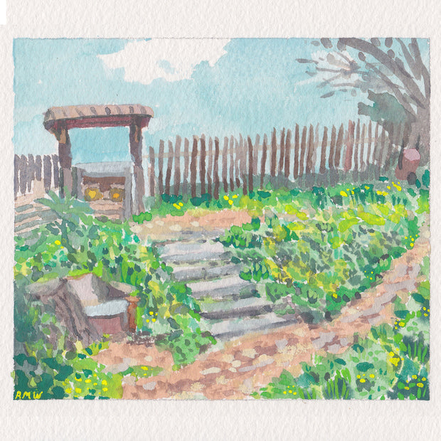 Plein air painting of a garden with a dirt path, stone steps and a wooden overhang attached to wooden fencing.