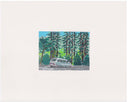  Plein air painting of a minivan parked next to a series of tall pine trees and shorter bushes.