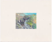 Plein air painting of a waterfall leading into a small pond surrounded by mossy rocks.