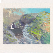 Plein air painting of a waterfall leading into a small pond surrounded by mossy rocks.