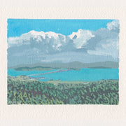 Plein air painting of a lake scene, with a bridge far in the distance and clouds overhead.