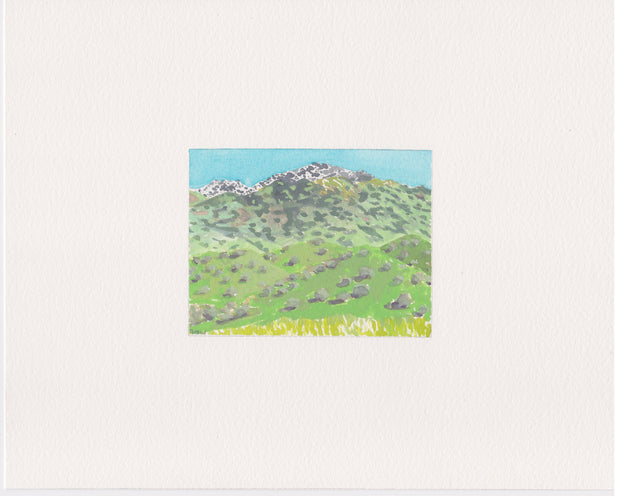 Plein air painting of a lush green mountain with many bushes and rocks on it and snow at the very top.