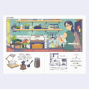 2 page excerpt, featuring an illustration of a woman in a kitchen with many plants and appliances, she holds a plate and chopsticks. Below the illustration is a floor plan of an apartment and drawings of various coffee tools.