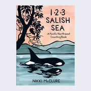 Book cover featuring a pale pink sky over water, with a killer whale and its baby swimming by under the silhouette of a tree. 