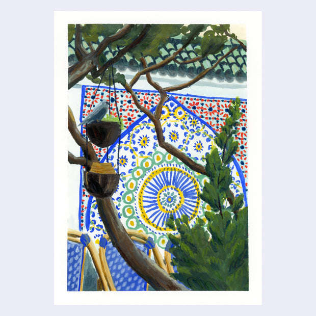 Plein air painting of a beautifully tiled wall, assembling a pattern. Wall is viewed through several trees, with bird feeders hanging off their branches.
