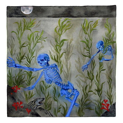 Watercolor of two blue skeletons, swimming through a kelp forest in gray water with a black night sky and moon overhead. Some red flora sprouts from rocks framing the piece towards the bottom and a deep sea fish swims nearby.