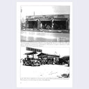 Black and white book page. A large plant nursery with "Equitable Nursery" written on building at top of page. Below, an old car in front of a 1930's gas station with a large "Shell" sign. 