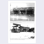 Black and white book page. A large plant nursery with "Equitable Nursery" written on building at top of page. Below, an old car in front of a 1930's gas station with a large "Shell" sign. 