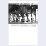 Black and white book page. 6 children in kimonos performing classical Japanese dance.