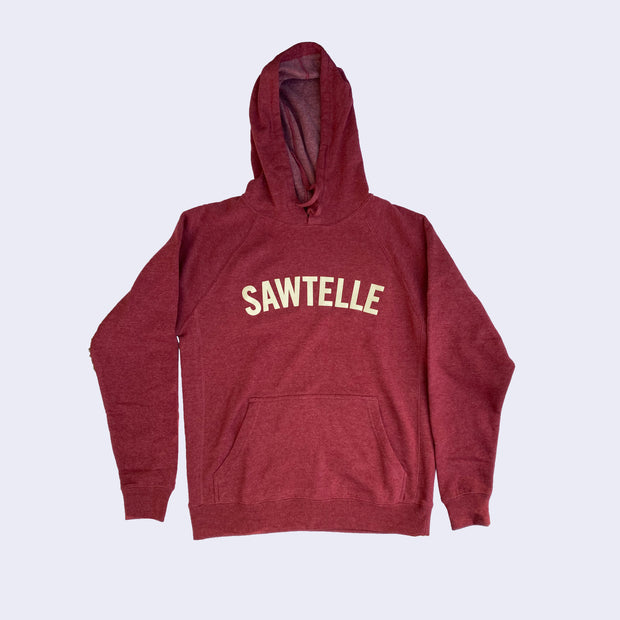 Front of red heather hooded sweatshirt. White text in all caps across chest area says Sawtelle.