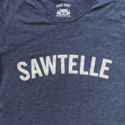 Close up of text that says sawtelle. Font is bold and reminiscent of collegiate style t-shirts.