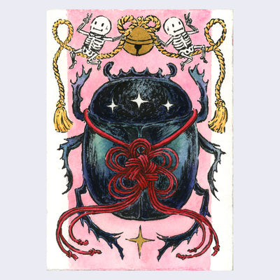 Watercolor painting of a large black scarab beetle, with red tassel rope tied around it. Above, two cartoon skeletons put up peace signs with their hands and sit on a golden rope attached to a bell.