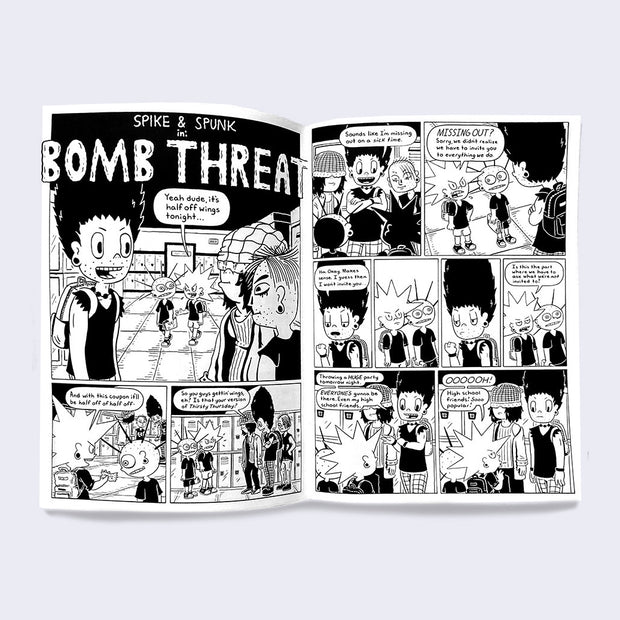 Open two page booklet spread, featuring black and white comic style illustrations and accompanying text in comic panels.