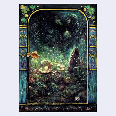 Painting on canvas of a dark underwater scene, with lots of fish, rock formations and plant life. Scene is within a window shaped frame with pillars on each side and lily pads atop.