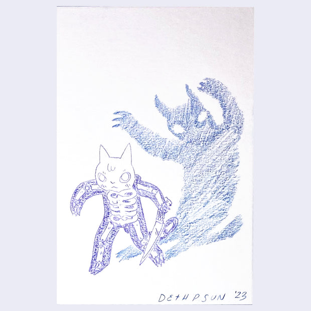 Color pencil drawing of a cat in a skeleton suit, holding a large knife. Behind them is a large shadow, with its arms raised threateningly.