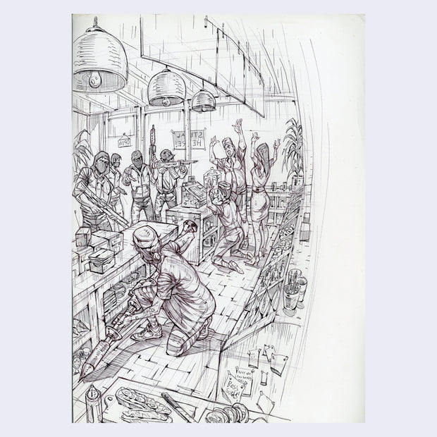 Elaborate ballpoint pen illustration of a store robbery, with the view from behind the counter. One of the woman being robbed packs a bazooka.