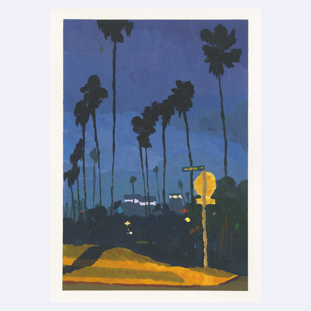 Plein air painting of a night time scene with artificial street lighting of a street scene, lined with palm trees. The back of a stop sign is in the foreground and larger buildings are in the far background.