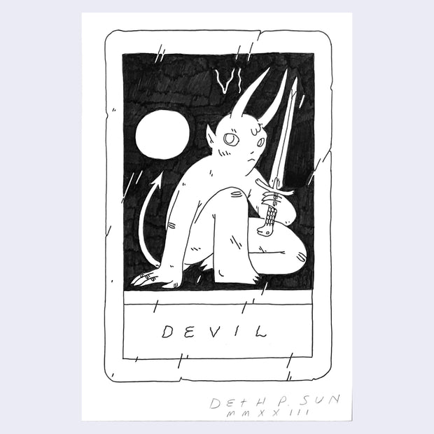 Ink drawing on white paper of a mock tarot card, titled "Devil". It features drawing of a long horned devil holding a sword with a circle moon behind him.