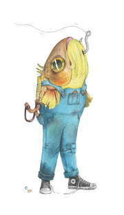 Finely shaded color pencil illustration of a brown fish, with a hook in its chin, wearing dusty overalls with a slingshot in the back pocket, 3 small marbles on the floor. All white background.