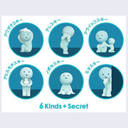 6 variations of Smiski: Bath series, including: Smiski with suds on their head, Smiski covering their eyes, Smiski being comforted by smaller Smiski, Smiski holding a rubber duck, Smiski sitting and looking up, Smiski peeking behind a wall with one hand over its mouth.