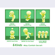 6 different designs for Smiski @ work blind box. Options are: Approving with thumbs up, researching on laptop, presenting, good idea with lightbulb, late to work with briefcase and a group of 3 thinking.