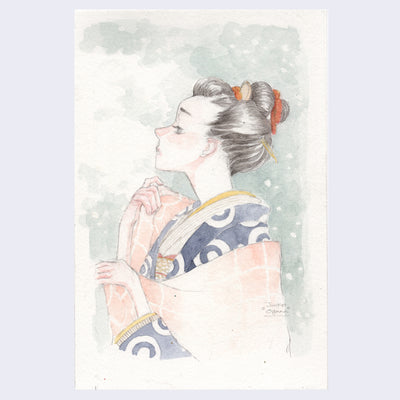 Pencil and watercolor illustration of a woman, only her upper half, looking off to the side. She has black hair combed back into a bun with decorative pieces. She wears a blue and white kimono with a pink checkered wrap. The background is a grayish green snowing scene.