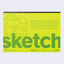 Green flat, horizontal sketch pad that is glue bound at the top. Descriptive writing is written next to an illustration of a simplistic building with a fire escape. Sketch is written in large font across the top.