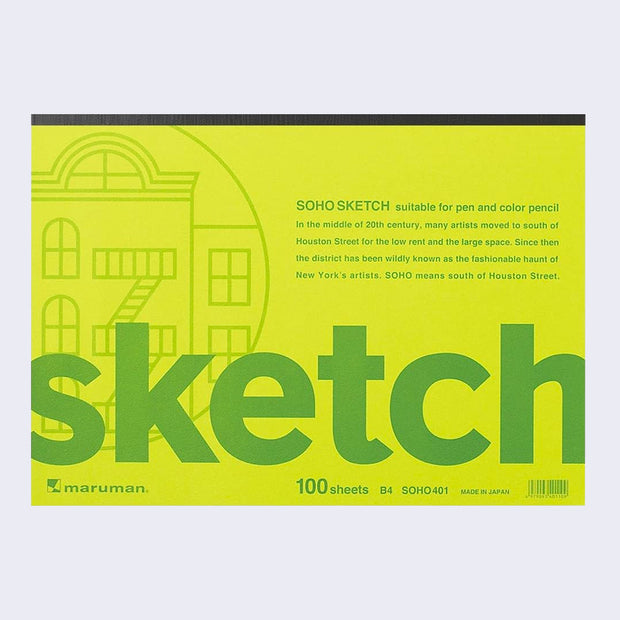 Green flat, horizontal sketch pad that is glue bound at the top. Descriptive writing is written next to an illustration of a simplistic building with a fire escape. Sketch is written in large font across the top.
