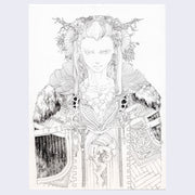 Pen illustration on white paper. An upper body portrait of a stern looking person with long hair and a very ornate series of head accessories. They wear a very decorated cape with straps and fur on it. Their hands peek out of the cape, rested on a wooden cane. 