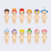 12 vinyl Kewpie babies, standing nude with different flora atop their heads like hood hats. Options are: acorn, tulip, rose, poppy, pansy, morning glory, blue bell, hydrangea, dandelion, cactus, carnation and cherry blossoms.