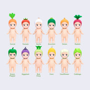 Collection of 12 Sonny Angel figures, each wearing a different vegetable as a hat. Please refer to product description for details of each design.